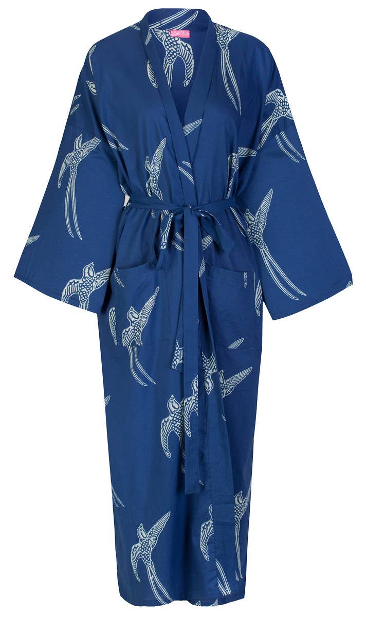 Susannah Cotton – wholesale Morgonrock - Unisex – Susannah bomull Kimono mantel - lång tailed fågel vit på blå1
