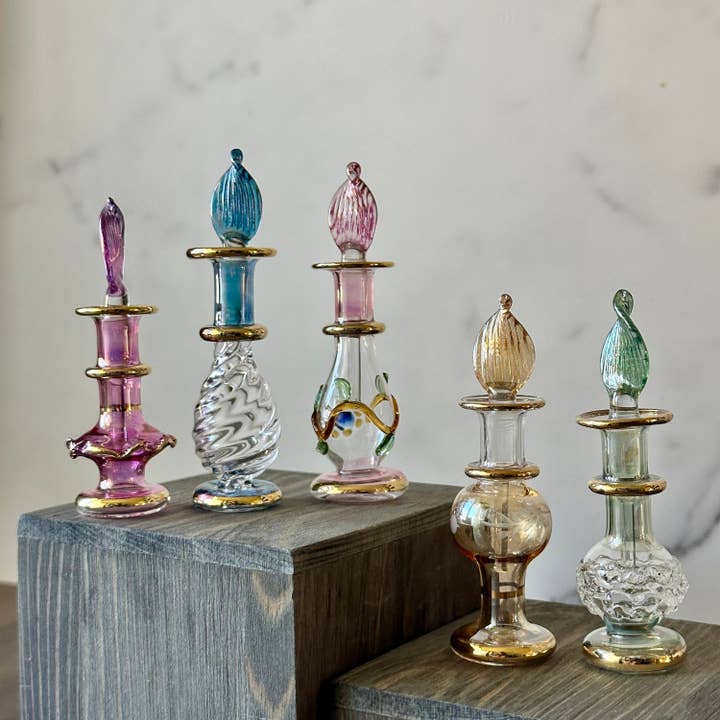 Arabazaar Gallery LLC - Wholesale Perfume/eau de toilette - Miniature 5ML Assortment Gold Design Egyptian Handblown Glass Perfume Bottles, Set of Five Variety.8