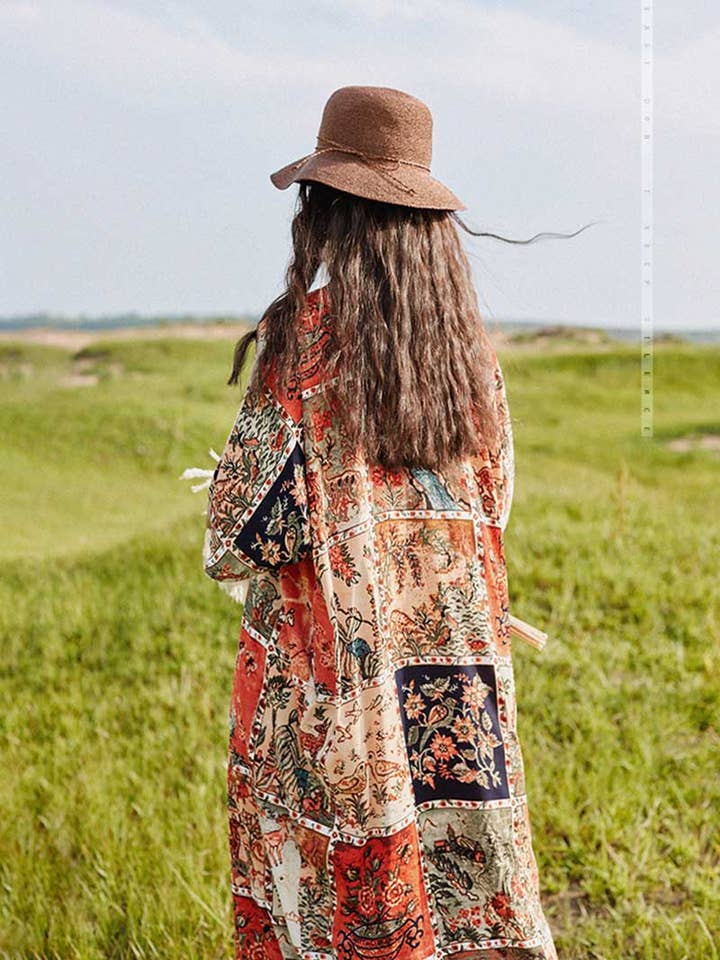 Vestido Kaftan de Algodão Meias Mangas com Estampa Abstrata por atacado de StyleGalX