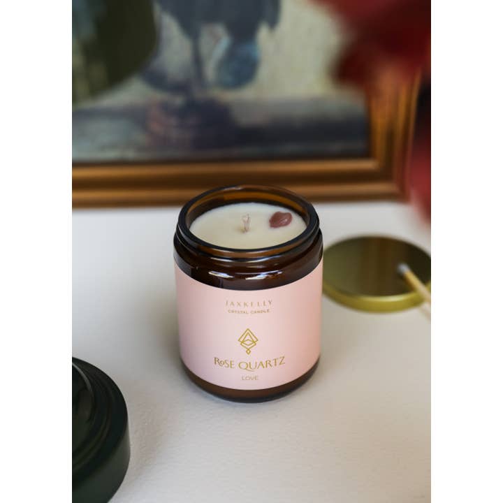 JaxKelly Candles - Wholesale Jar/Filled Candle - 9oz Amber Crystal Candles - Rose Quartz - Love1