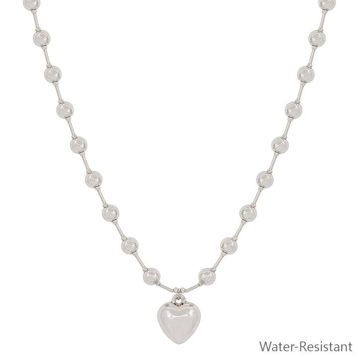 Water Resistant 6MM Silver Beaded Chain with Puffy Heart 16"-18" Necklace for wholesale by What's Hot