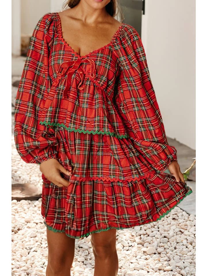 Red LDC Polished Plaid Tiered Mini Dress for wholesale on Faire