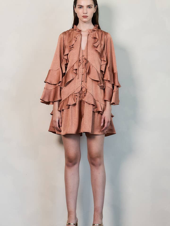 RP2860_Ruffled Satin Romper with Button-Up Front for wholesale by DRIPSEN