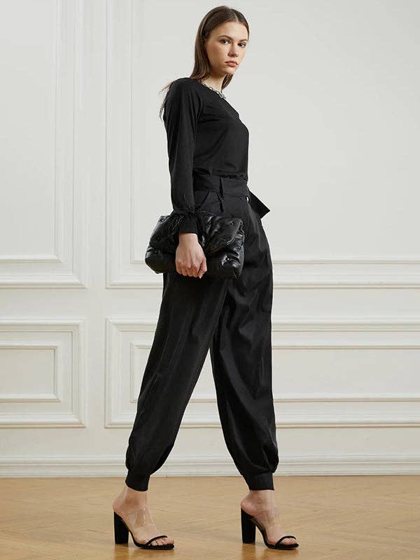 Simple High Waisted Black Casual Harem Pants Bottoms for wholesale on Faire