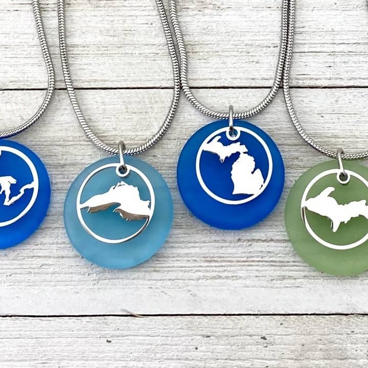 Be Inspired UP - Wholesale Pendant/Charm Necklace - Michigan Cutout Beach Glass Pendant7