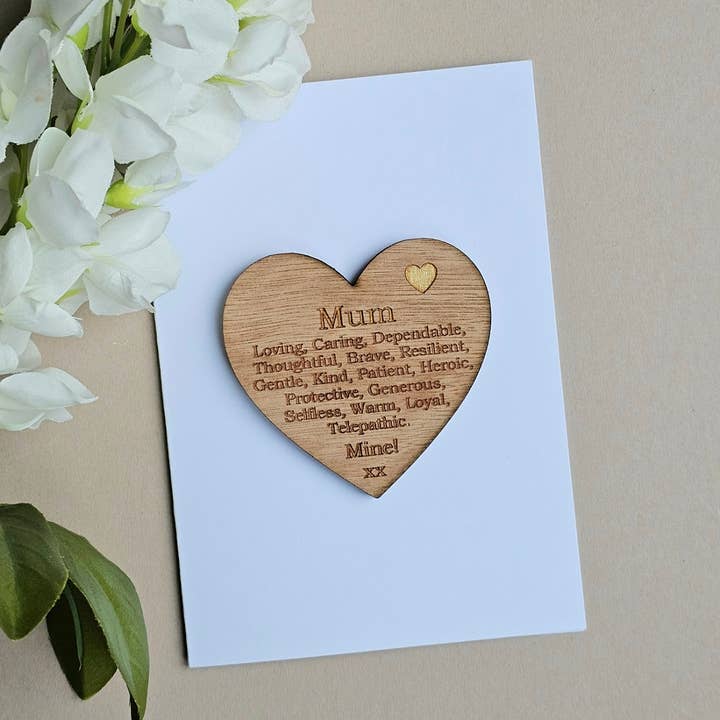 'Mum Mine!' Wooden Heart Token and Card for wholesale by Nest