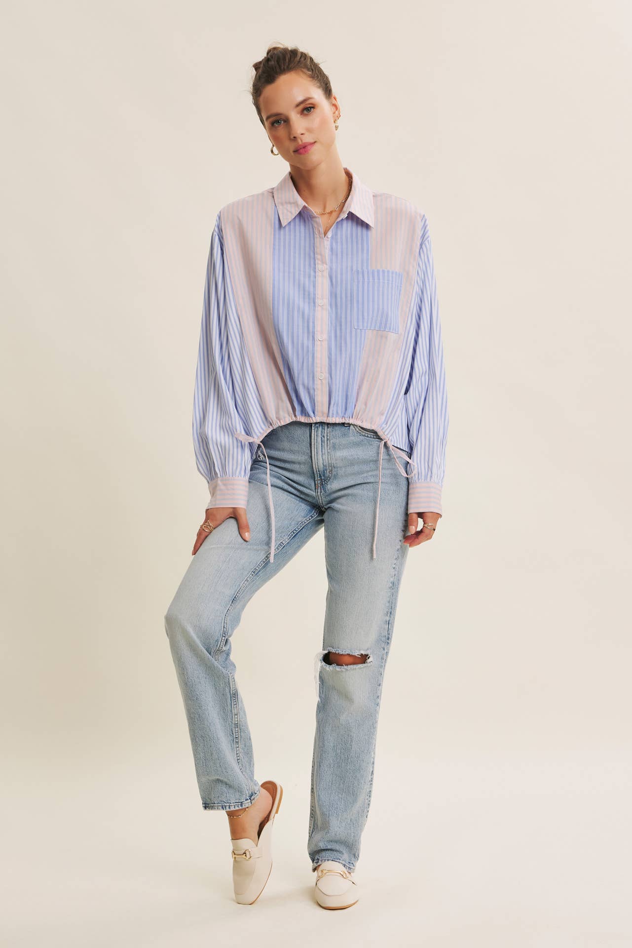 BLUE MULTI CLASSIC MEETS PLAYFUL STRIPE MIX DRAWSTRING WAIST SHIRT for wholesale on Faire0