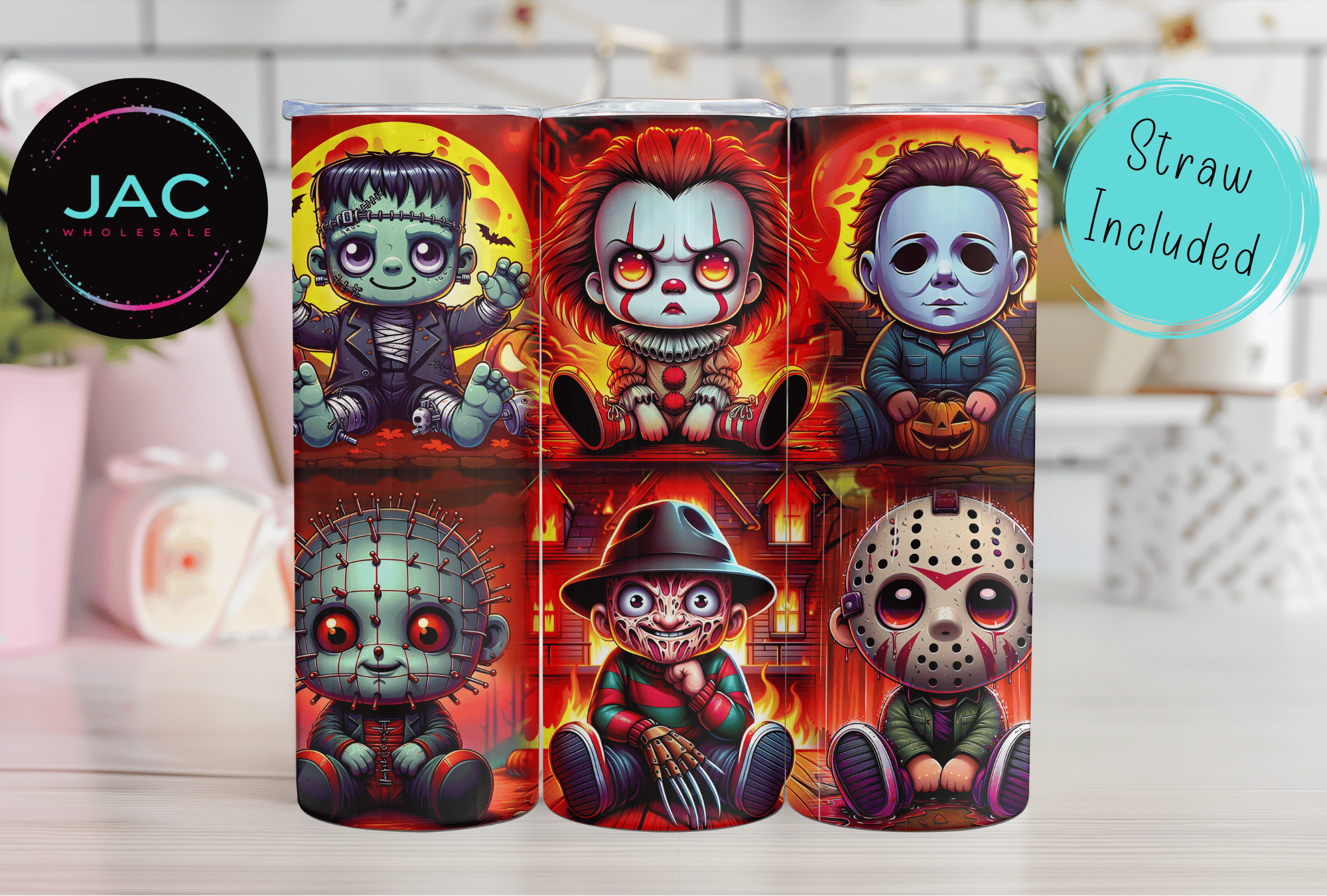 JAC Wholesale - Wholesale Insulated Mug/Tumbler - Flaming Horror Friends Skinny Tumbler 20oz0