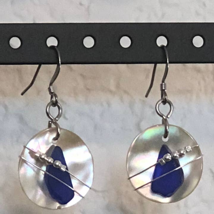 Essence of Fire & Sea - Wholesale Dangle Earrings - Beach Glass / Sea Glass on Abalone Earrings