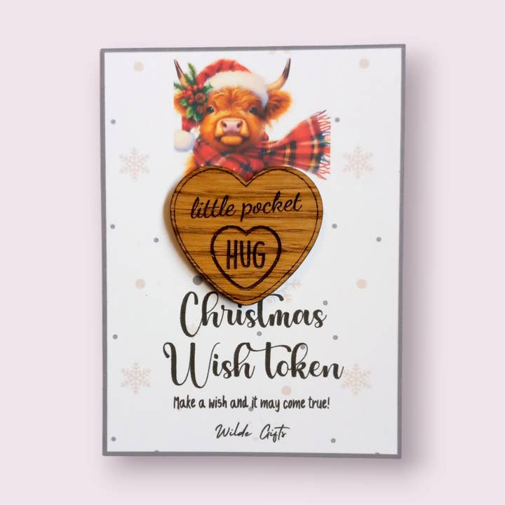 Hooglandkoe kerstwens token zakknuffel voor wholesale door Wilde Gifts UK