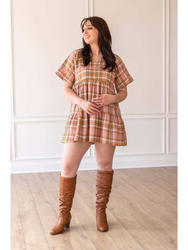 A Walked Through the Leaves Plaid Flutter Sleeve Dress for wholesale on Faire