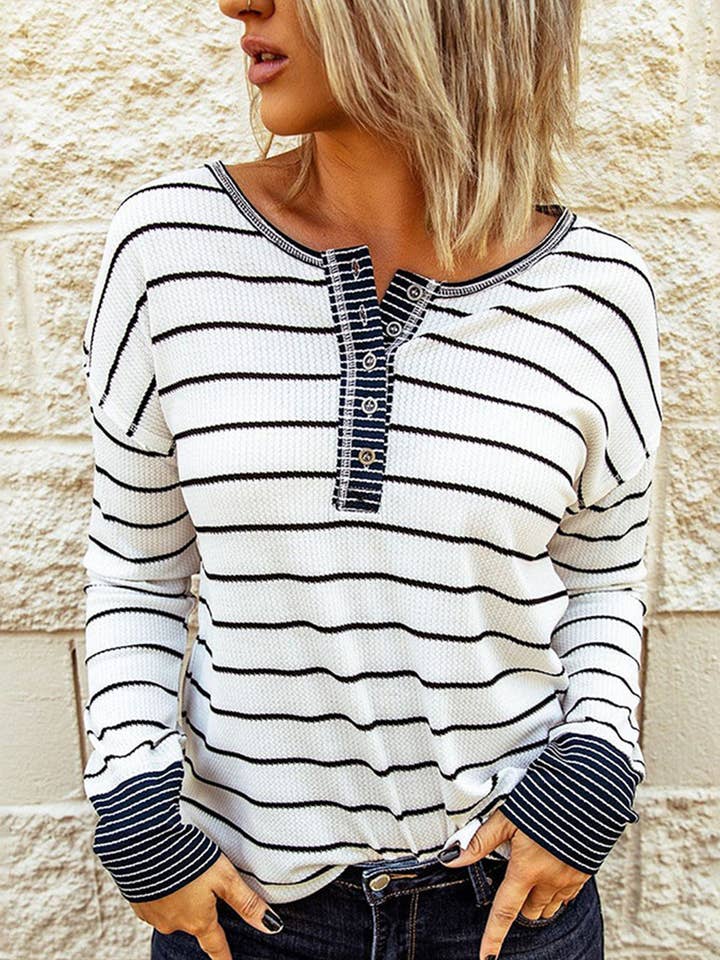Striped Color Block Buttoned Waffle Knit Shirt for wholesale by FULL TIME PURCHASE