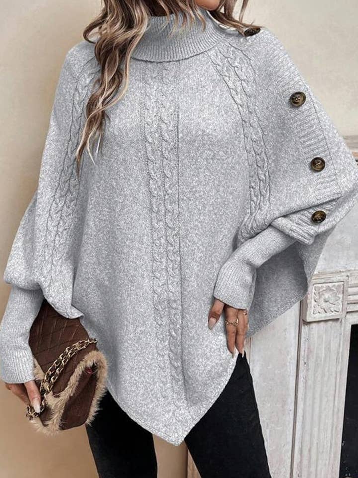 safistyle - Wholesale Poncho - Women's - Cable Knit Button-Accent Poncho Sweater6