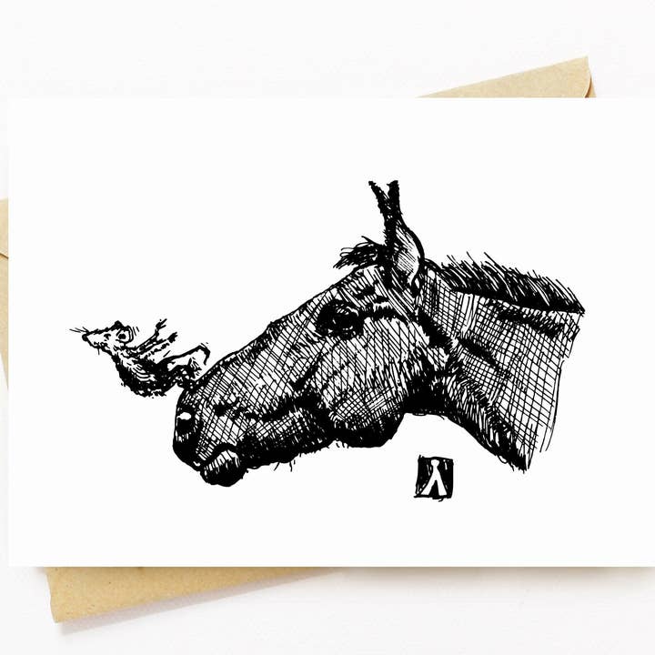 Kaart van 5 x 7 cm met muis die van de neus van het paard springt voor wholesale door Bellavance Ink
