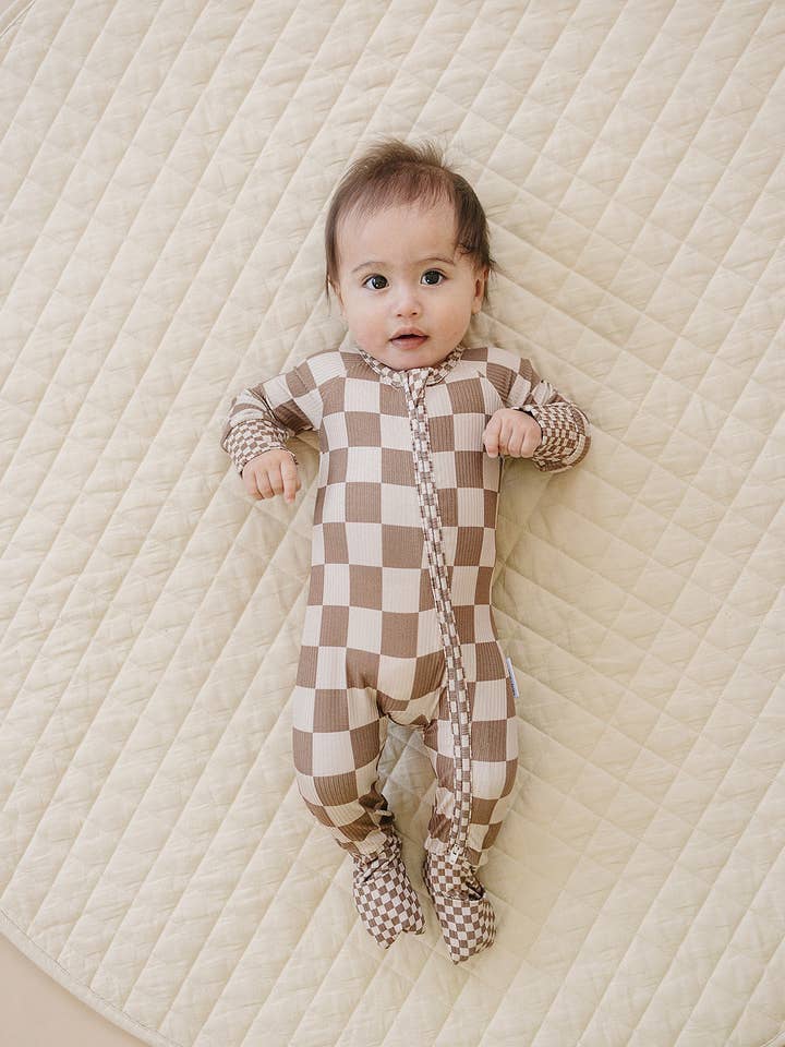 Ribbed Bamboo Zip Romper | Latte Checkered for wholesale by Lucky Panda Kids