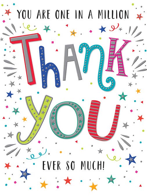 Biglietto di Ringraziamento, Grazie, Testo Colorato per la vendita all'ingrosso da parte di Piccadilly Greetings