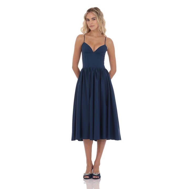 Corset V-Neck Midi Dress in Navy for wholesale by Lucy In The Sky