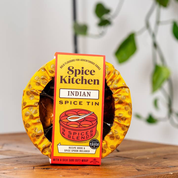 Spice Kitchen - Wholesale Dried Spice Mix - Indian Spice Tin with 9 Spice and Silk Sari Wrap