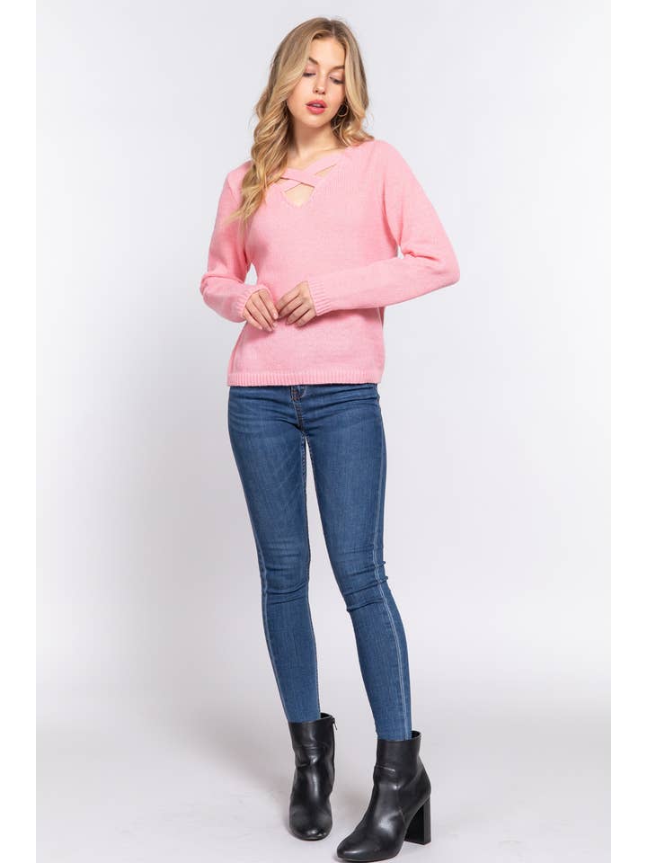 Active Basic | Active USA - Wholesale Knit Sweater - Women's - Long Sleeve V-neck With X Strap Sweater4