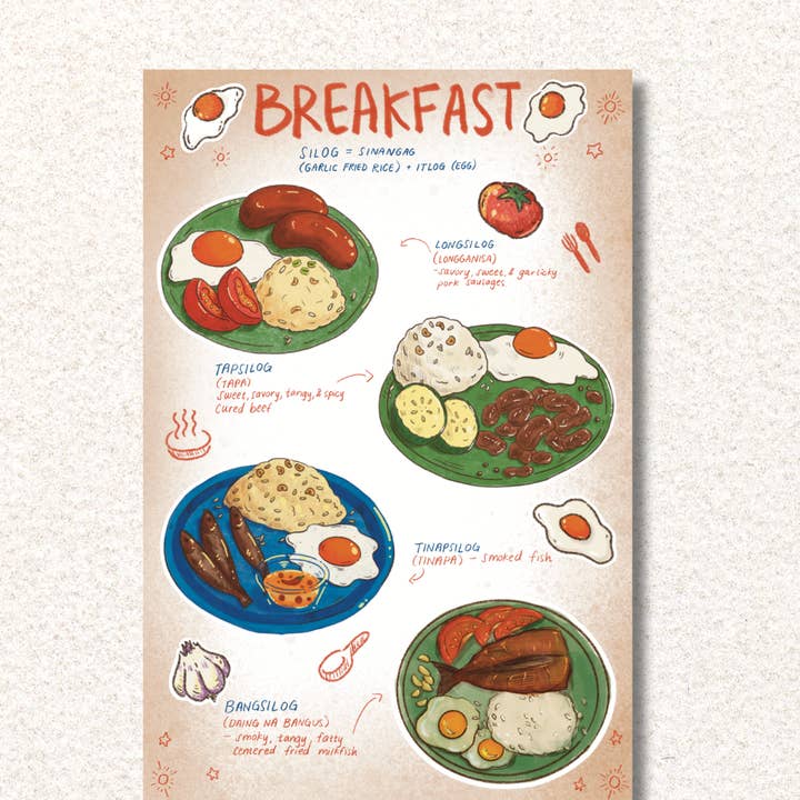 Filipino Breakfast Sticker Sheet, Filipino food Silog Art for wholesale by Claudine Castro Art