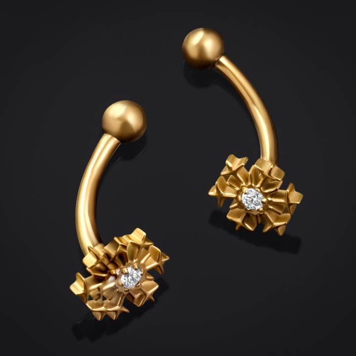 Gold Jewelled Snowflake Vertical Labret Internally Threaded Titanium Curved Barbell 1.2mm Gauge for wholesale by Custom Plugs