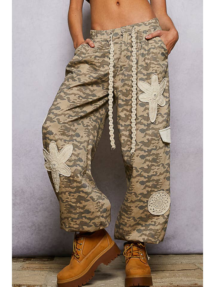 Pol Clothing - Wholesale Pants - Women's - Pleat Detail Floral Patchwork Cargo Pants