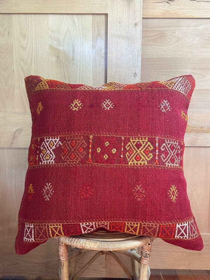 Red Embroidered Turkish Kilim Throw Pillow, 26 x 26 for wholesale by High Pile Designs
