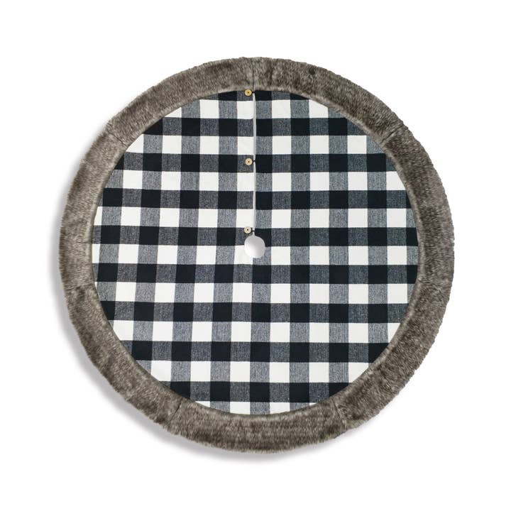 Gigi Seasons - Wholesale Tree Skirt - Black and White Buffalo Plaid Tree Skirt With Faux Fur Trim - 60"