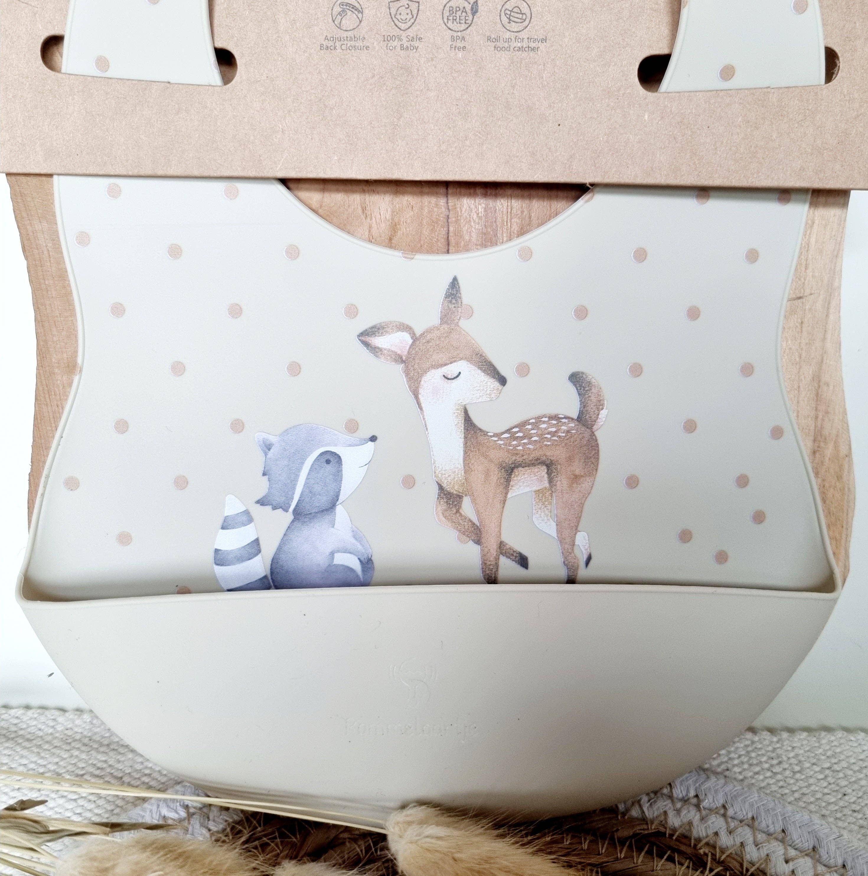 Rammelaartje - Vendita all'ingrosso Bavaglino - Neonati - Bavaglino in silicone con vassoio cervo e procione - Beige3