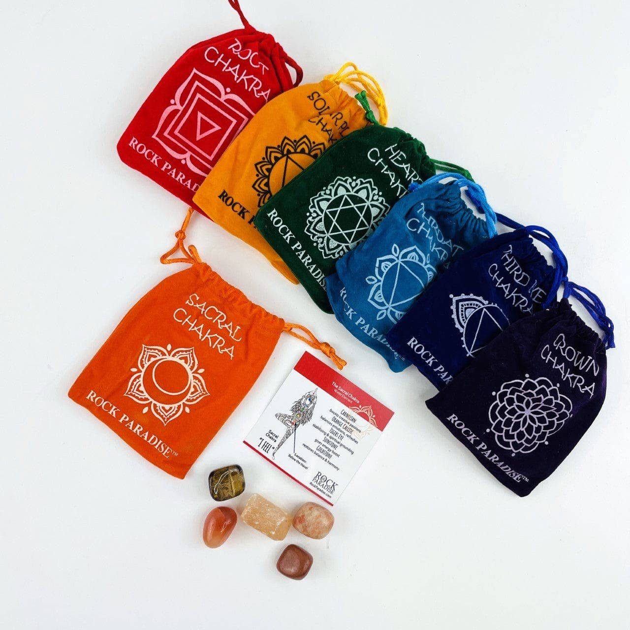 Rock Paradise - Wholesale Spiritual Stone/Crystal - Crystal Chakra Plush Pouch with Info Card & Tumbled Stones16