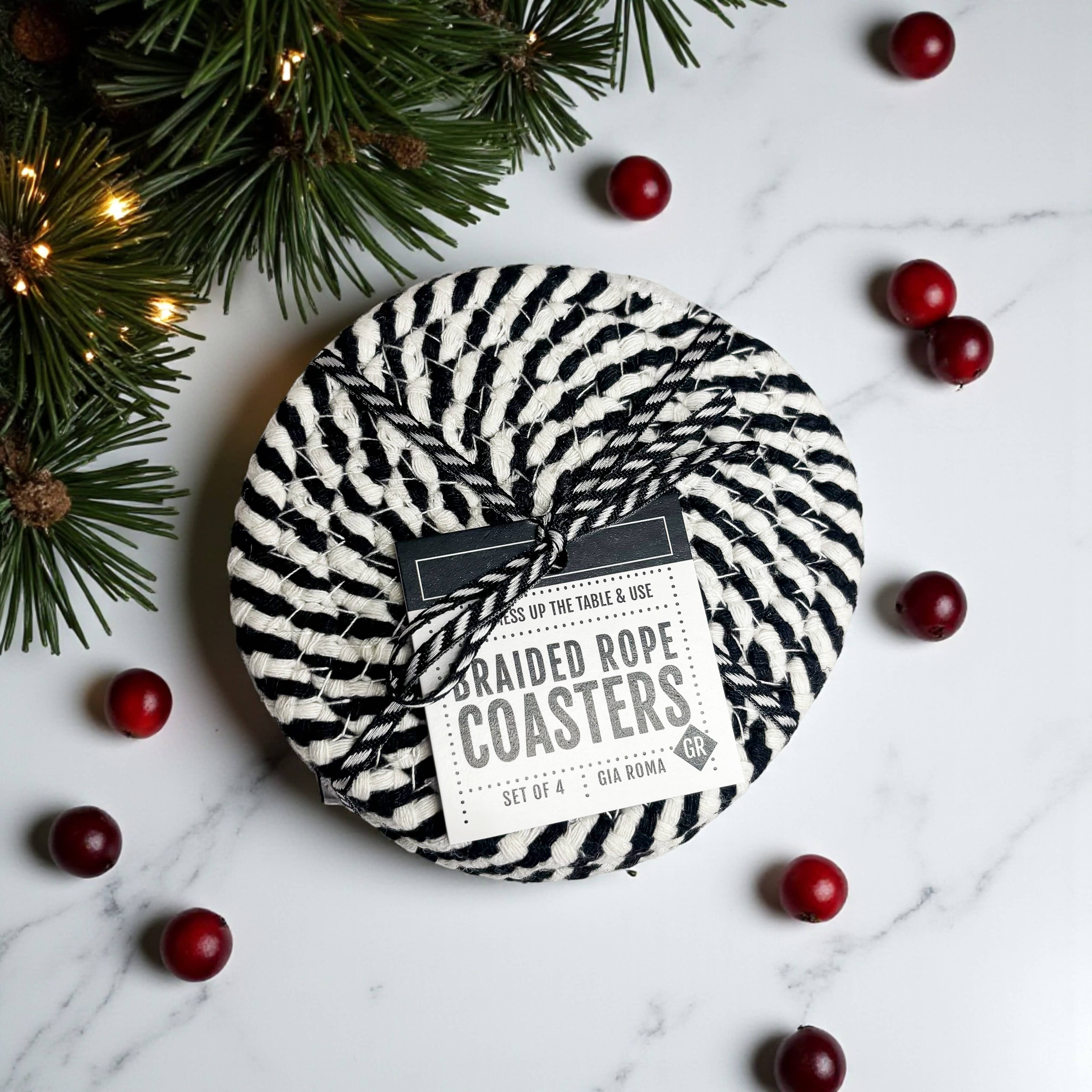 Gia Roma - Wholesale Coasters - Christmas Coasters, Red Candy Cane Braided Cotton Fabric Set60