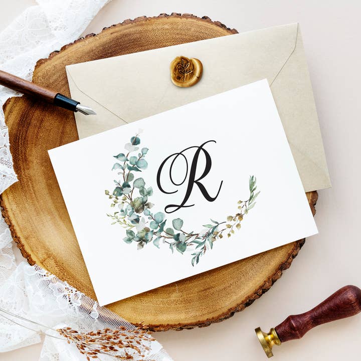 Cartes-notes Greenery Monogram, papeterie pliée, lot de 10 cartes et enveloppes pour la vente par Designing Moments