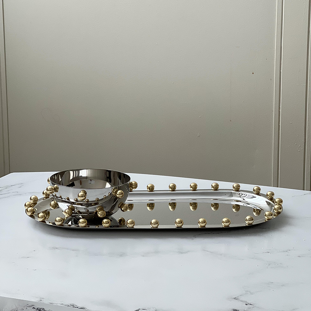 Boker-Tov Shalom - Wholesale Serving Tray - Stainless Steel Tray with Gold Balls1