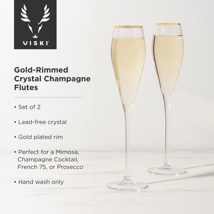 Viski - Wholesale Champagne Flute - Gold Rimmed Crystal Champagne Flutes Set of 24