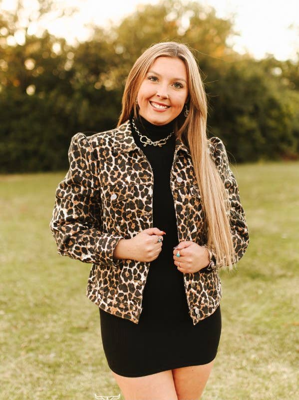 Leopard Stretch Denim Button Down Puff Sleeve Jacket for wholesale by LUCKY & BLESSED