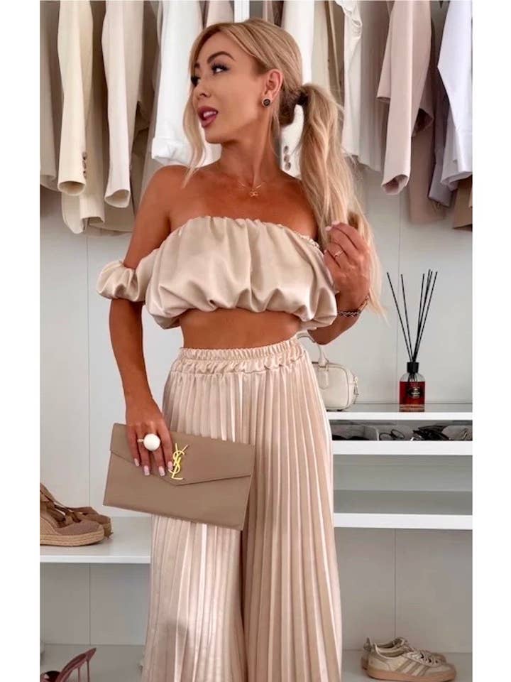 AMARIA - Wholesale Top & Pant Set (NOT Loungewear) - Women's - Satin Ensemble – Bardot Top & Pleated Palazzo Pants 311081