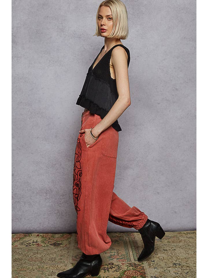 Pol Clothing - Wholesale Pants - Women's - Floral embroidered pattern solid twill pants4