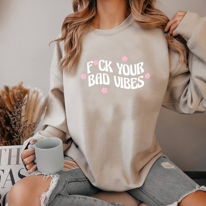 Sudadera Fack Your Bad Vibes, bonita flor, cuello redondo, rosa para venta al por mayor de Dm Crafting