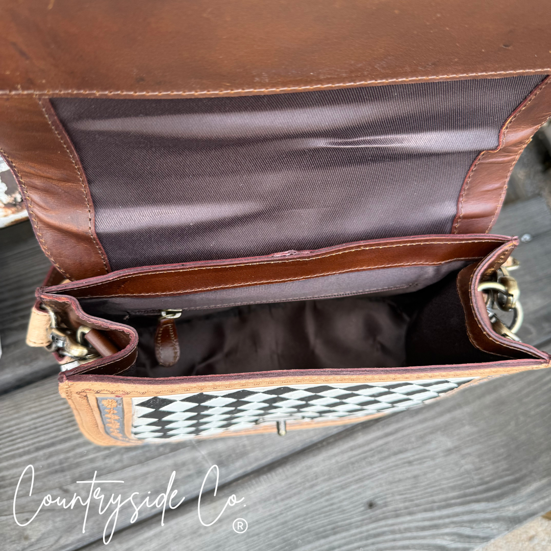Texas Western Cowhide Bags and More - Wholesale Shoulder Bag - Women's - Zadie Tooled Leather Checkered Handbag, Hand Painted4
