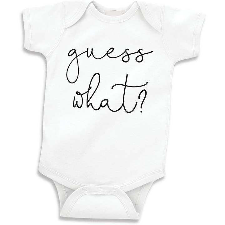 Guess What Pregnancy Announcement Onesie for wholesale by Bump & Beyond Designs
