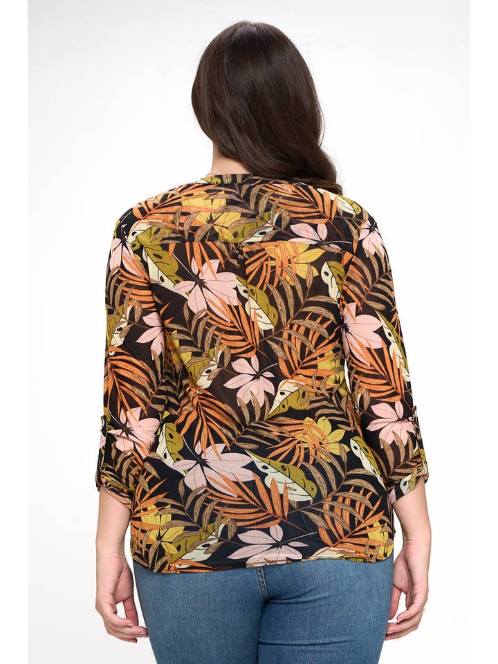 Roest/bruin Henley-blouse met netjesprint - grote maten voor groothandel op Faire2