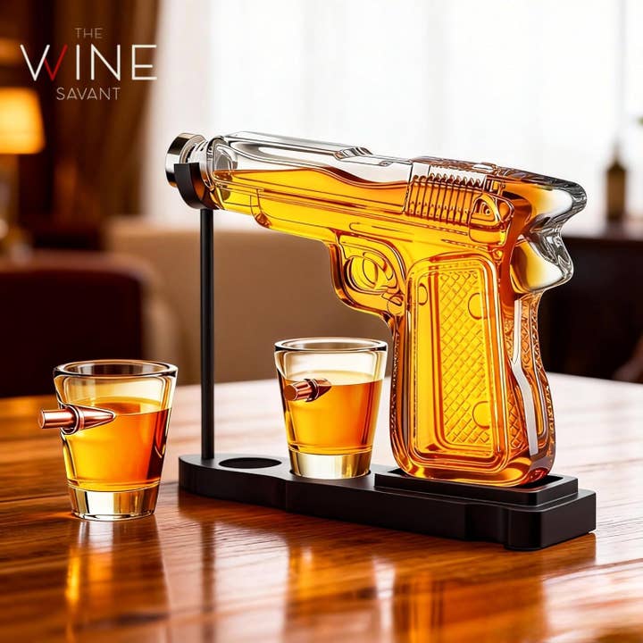 The Wine Savant / Khen Glassware - Wholesale Decanter - Pistol Gun Decanter Set + 2 Bullet shot Glasses & Wood Stand6