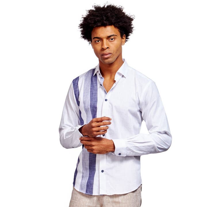 Naturally Striped Remix Long Sleeve Button Down Shirt - Navy for wholesale by EIGHT X