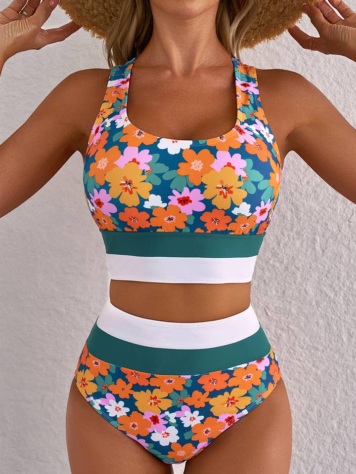 Floral Print Racerback Cutout High Waist 2pcs Bikini for wholesale by FULL TIME PURCHASE