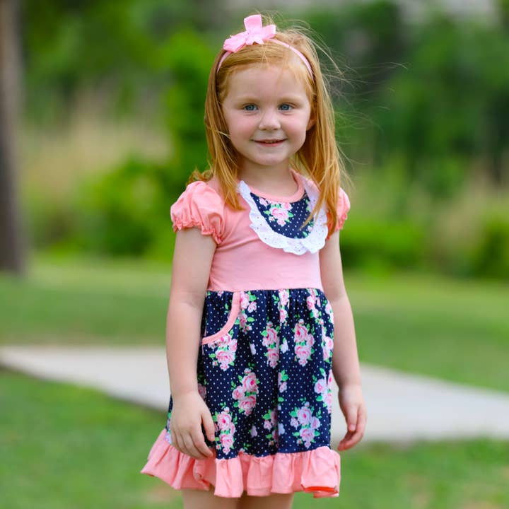 AnnLoren - Wholesale Dress - Kids - Girls Pink & Blue Floral Eyelet Ruffles Short Sleeve Dress