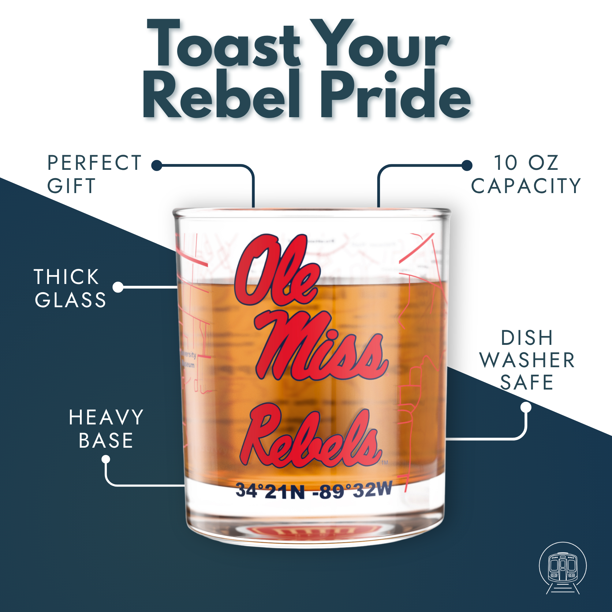 Greenline Goods - Wholesale Cocktail/Liquor Glass - University of Mississippi Rebels College Whiskey Glasses (Set of 2), 10 oz – Full-Color Logo + Campus Map1