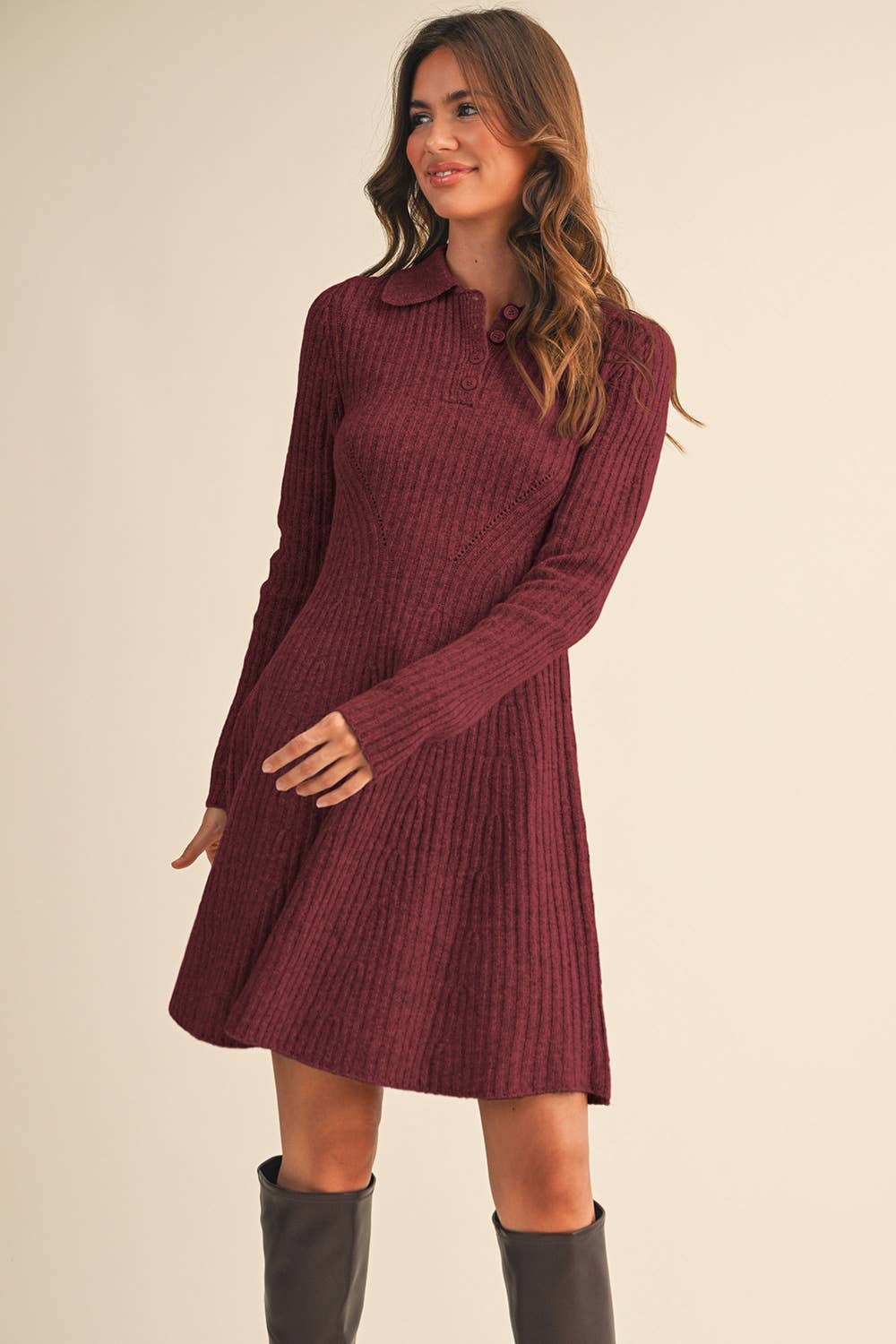 &MERCI - Wholesale Dress - Women's - RIBBED SWEATER FLARED MINI DRESS MSW1096829