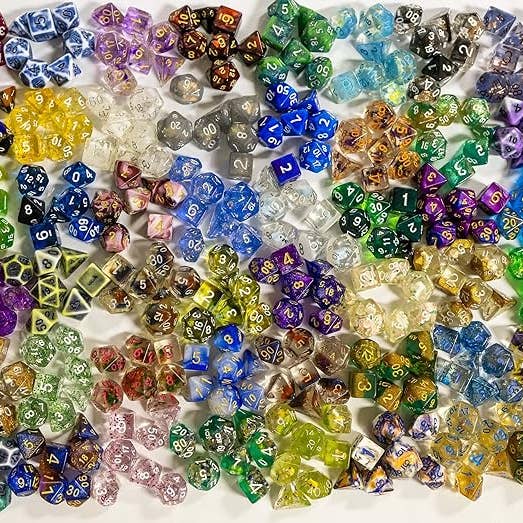 1985 Games - Wholesale Dice - Premium Mystery Dice - 7 Polyhedral Dice, D&D Pin & Sticker