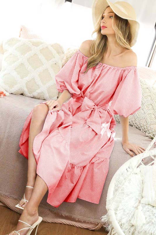 Vine & Love – wholesale Dress – Women's – Off-The-Shoulder Tie Waistband Tiered Striped Dress  VD702968