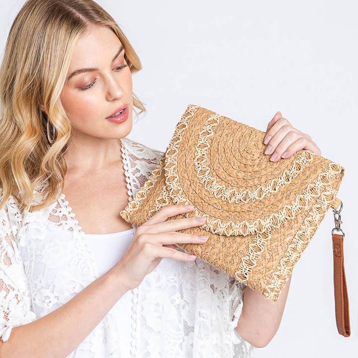 Sensibling Corp. – Bolsa - Mulher por atacado – Carteira / Bolsa a Tiracolo de Palha com Detalhe de Costura